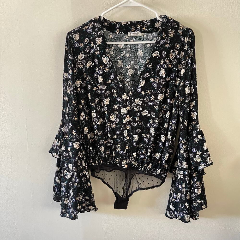 Free People Intimately She's Dainty Bodysuit XS Black Floral Bell Sleeve Boho